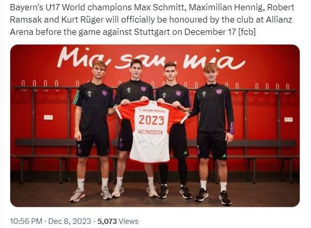 德国甲级联赛:官方：4位拜仁U17世界杯冠军球员将在下周德国甲级联赛赛前接受俱乐部表彰